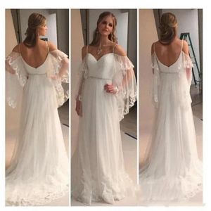 2024 Strand trouwjurken Spaghetti -riemen gezwollen korte mouwen Lace Applique Boho Bruiloft Bridal Gown Custom Made Plus Maat