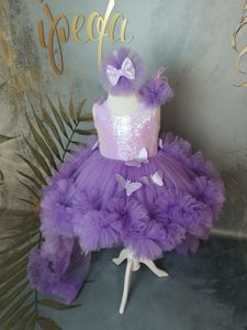 2024 Belle robes de bal violet Princess Kids Robes de mariée Butterfly Appliques Girls Pageant Robe de fleur en tulle Robe robes appliquée Robes pour filles