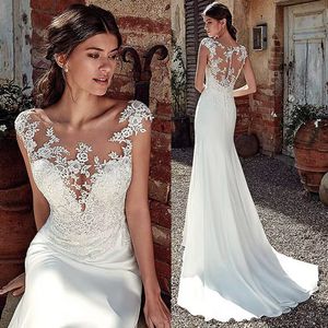 2024 Berta Nieuwe bescheiden lange schede Trouwjurken Juwelnek Lant Appliques Slim Illusion Spring Summer Bruidsjurken Vestidos de noiva