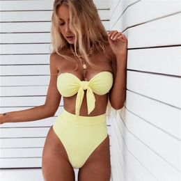 2024 Bikini 2021 Women's Swimsuit New INS Pure Color Knotted Ladies Split Swimsuit Pit Striped Fabric for Women's Pure Color Swimsuit