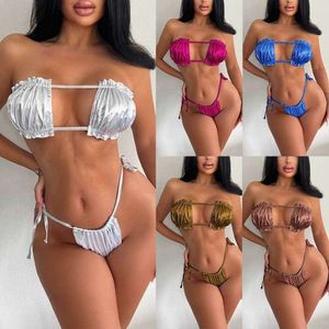 2024 Bikini Stamping Hot Stamping Lace Up Pleed Bra Split Massuit de maillot de bain avec du bikini à lacets sans dos