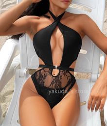 2024 Bikini's set één stuk luxe bikini badkleding yakuda mesh splicing geïntegreerde driehoek put strip split zwempak bh bra beige diep v-hals beige geïntegreerd ontwerp