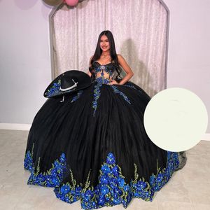 Robe de bal noire élégante, avec des Appliques de princesse en dentelle et en tulle, robes de luxe pour fête d'anniversaire, robes de 15, 2024