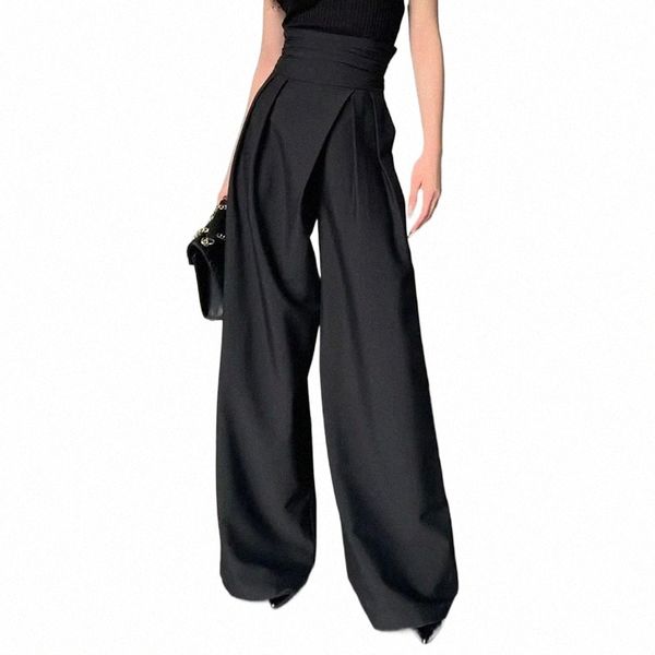 2024 Noir Design Pantalon à jambes larges Femmes Minceur Costume Pantalon Magic Taille haute Lâche Droite Droo Mop Pantalon décontracté 97VV #