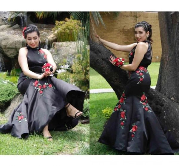 2024 Vestidos de dama de honor floral negro con el cuello alto mangas de mangas longitud