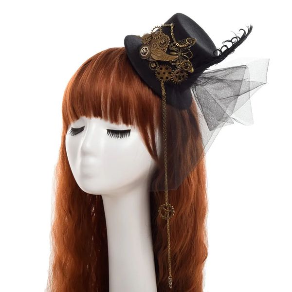 2024 Black Gothic Femmes Steampunk Gear Wings Clock Butterfly Min Hat Lace Lace Hair Clip Headwear Cosplay Accessoire