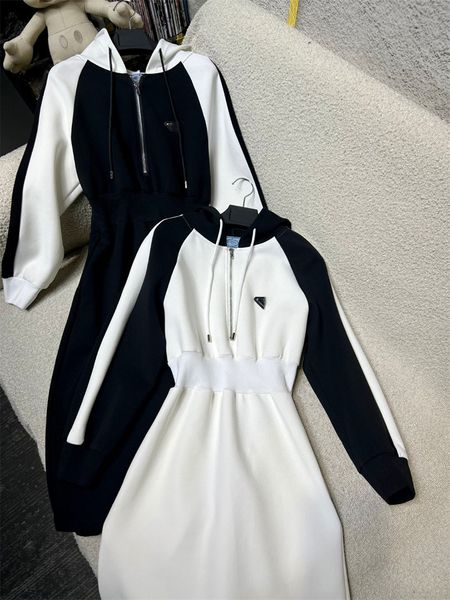 Envío Gratis 2024 negro/gris Patchwork vestido largo de algodón con sudaderas con capucha diseñador ajustado cintura cremallera vestido Casual dh22212