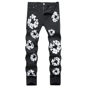 Jeans noirs imprimés de fleurs pour hommes, Denim graphique Y2k, Harajuku, gothique, taille moyenne, pantalon droit, 2024, 240313