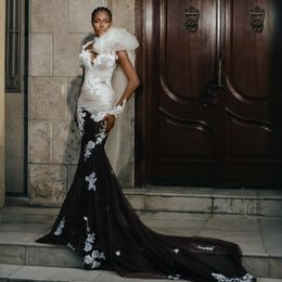 2024 Vestidos de novia de sirena negros Vestidos de novia Tallas grandes Cuello alto Apliques Vestidos de novia de encaje con cuentas para mujeres negras africanas Ocasiones especiales D219