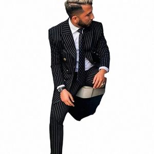 2024 Black Pinstripe Double Breasted Busin Formel Hommes Costumes Slim Fit Hommes Blazer Casual Veste De Mariage Tuxedo Costume Avec Pantalon l7xZ #