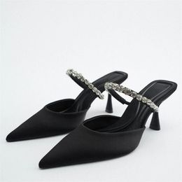 2024 Strass noir Mules à talons Pompe pour femmes Sandales scintillantes élégantes Pantoufles d'été Femmes Sexy Talons hauts Slingbacks 240129