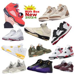 2024 Vivid Sulphur 4S Olive 5S Bourgondische basketbalschoenen Violet Ore Field Purple 12 bevroren momenten levendig zwavel Palomino rood cement 4 Wolf grijs 13s met doos