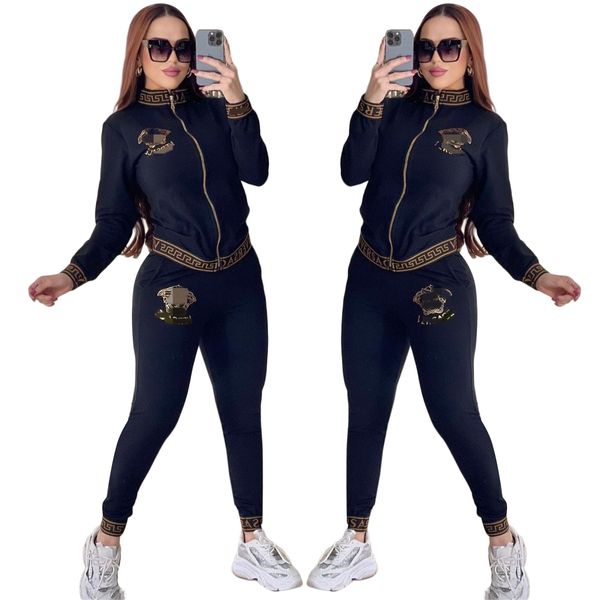 2024 Pantalones negros de dos piezas Mujeres de chándal Casco Chople Chople Chaqueta y pantalones de pantalones Free Ship