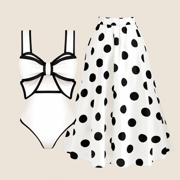 2024 Black White Retro Swimsuit Femmes à nœud papillon Maillots de bain avec jupe Sexy Bathing Fssume Monokini Beach BodySuit Beach Wear 240424
