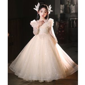 2024 bling bloemenmeisje voor bruiloften juweel nek gezwollen ruches gelaagde bloemen kleine babyjurken eerste heilige jurken lovertjes Kids Communion Dress 403