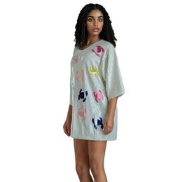 Robe T-shirt à paillettes scintillantes pour femmes, col rond, tunique courte Hip Hop, livraison gratuite, 2024