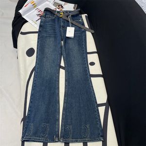 Jean Long évasé bleu avec lettres brodées pour femmes, pantalon en Denim avec ceinture, livraison gratuite, 2024, 22708