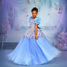 2024 Blue Flower Girl -jurken Girls Birthday Party Dress Cap Mouwen Tiered Tule Appliqued Beaded Lace Queen Princess Jurns for African Black Little Girls F119