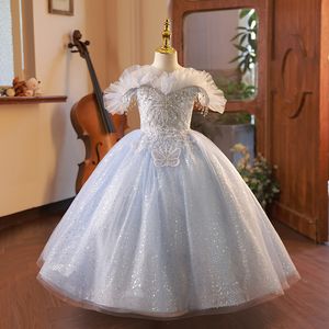 2024 Robes de fille de fleur en dentelle bleue pour mariage 3d cristaux applications florales perlées robes de bal