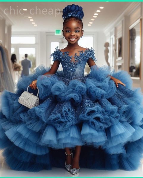 2024 Lace Blue Lace Sheer Flower Robes Ball Ball Tiers Tiers luxueux Little Girl Christmas Peagant Birthday Baptême Robes de robe tutu ZJ428 407
