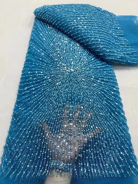 2024 Azul Último tela de encaje de tul de cuentas francesas de alta calidad telas de encaje africanas de alta calidad con lentejuelas para vestidos de noche 240407