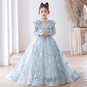 2024 Blue Luxury Flower Girls Robes à manches longues en dentelle appliquée avec train en tulle fille robe de bal robe de fête de fête formelle First Girls Communion Pageant Robe