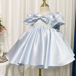 2024 Blue Princess Flower Girls jurken nieuwe luxe satijnen pet mouwen speciale gelegenheid voor bruiloften baljurk kinderen optocht jurken luxe frist heilige communie jurken