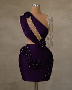 2024 Blue Purple Backless cocktailjurken voor vrouwen één schouder illusie sexy steentjes mini short prom jurken kwast verjaardagjurk voor speciale gelegenheid c109