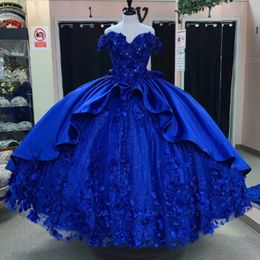 2024 Blue Shiny Luxury Princess Quinceanera Robes 3d Floral Applique Off Bude-Bustle Corset Vestidos de 15 Anos