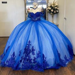 2024 bleu brillant Quinceanera doux perles Appliques dentelle 16 ans fille princesse fête d'anniversaire robe de bal 322