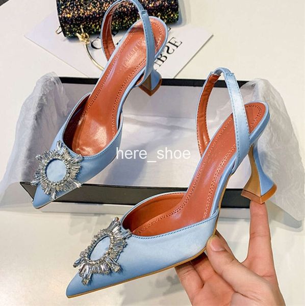Escarpins bleus en Satin de soie pour femmes, chaussures à bout pointu, talons hauts en cristal, à enfiler, sandales rétro à la mode pour mariage, 2024