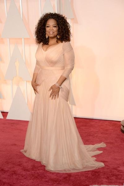 2024 Blush Pink Oprah Winfrey Oscar Celebrity Plus taille V Sage de cou en tulle avec manches longues Sweets Train Draped Robes de soirée 403
