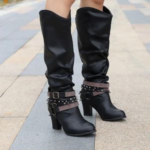 2024 BOOTS 400 High Solid Women's Shallow Point Point Point Square Talon Knee-High Women Platform Zapatos de Mujer Leather 93 Knee-