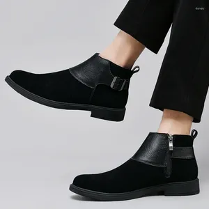 2024 botas zapatos para hombres moda cremallera invierno punta redonda sólido rebaño felpa cálido barril corto tacón bajo romano desnudo 85104 's