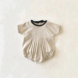 2024 né bébé fille été mode nœud papillon body enfant en bas âge garçon solide coton lin combinaison infantile tenues 240323