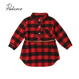 2024 Marque Christmas Baby Baby Girl Girl Long Shirt Robe Tops à manches longues Plaid Red Straight-Long Longueur Courtette 0-5y 240518