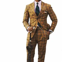 2024 Brown Classic Plaid Tweed Costume pour hommes Slim Fit Marié Mariage Tuxedo Blazer Mâle Formelle Busin Veste Pantalon 2 Pièces T8Lc #
