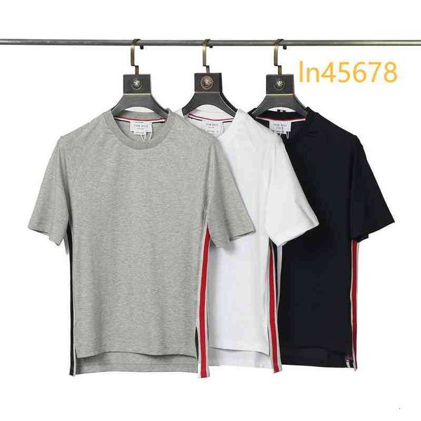 2024 Brun TB Hilado teñido Cuello redondo Manga corta Cinta roja blanca y azul Camiseta casual coreana Jersey americano Arte Cuatro rayas Versátil High Street Joven