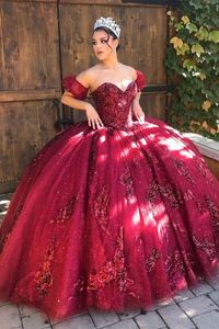 2024 Bury Sexy Quinceanera -jurken Donker Rood lovertjes Lace Appliques Crystal Beads Sequins Sweet 16 Dress Vestidos de 15 prom feestjurken met mouwen 403