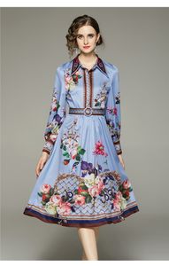 2024 Robes décontractées robe de vacances d'été bohème Femme Fashion Piste à manches longues à manches à imprimé floral Style MIDI ROBE MIDI ROBLE avec ceinture