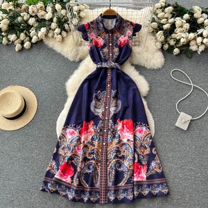2024 Casual jurken Summer Fashion vintage geplooide vrouwen catwalk v-hals vlieghoes bloemenprint hoge taille lange vakantiejurk met hoge taille