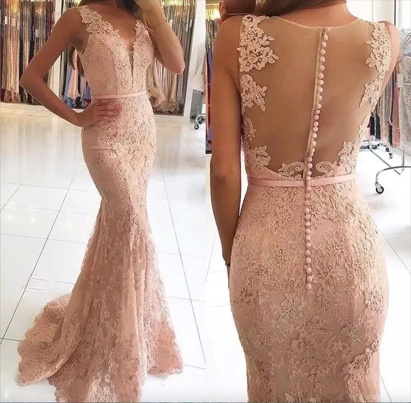 2024 CHAMPAGNE BLUSH Mermaid Vestidos de fiesta Modesto V Cuello con vestidos de pescado de encaje con cuentas Ilusión Sexy Back Barrary Party Gowns