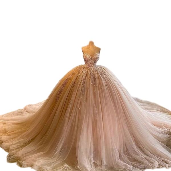 2024 Champagne Quinceanera robes chérie dentelle Appliques perles de cristal Tulle grande taille formelle fête bal robes de soirée