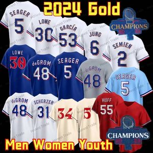 2024 Champions Gold Baseball Jersey Adolis Garcia Jacob Degrom Max Scherzer Marcus Semien Corey Seager Evan Carter Nathaniel Lowe Jonah Heim Custom