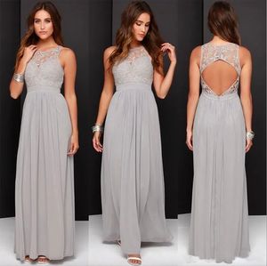 2024 Goedkope Grijze Bruidsmeisjes Jurken Lange Chiffon Keyhole Backless Kanten Top A-lijn Mouwloze Bruiloft Bruiloft Gast Jurk