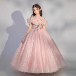 2024 niños Princesas Vestidos de niña Flower Pearls Boaded Sequined Bling Communion Dress Girls Gowns Gowns Little Girl Vestido de fiesta Vestidos de cumpleaños de fiesta