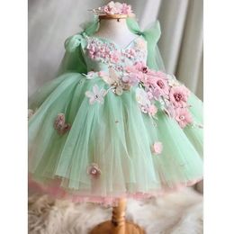 2024 Childrens Princess Evening Jurk Mouwloze Pearl Applique Design Wedding Birthday Baptist Party Girl Dress A3650 240424