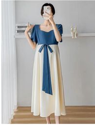 Robe en mousseline de soie pour femme enceinte, Style chinois, Vintage, ceinture, manches courtes, col carré, robes de maternité de couleur bloc, 2024, 240326