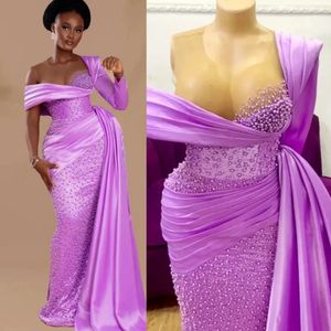 2024 Classic Aso Ebi Prom -jurken voor zwarte vrouwen Paarse belonderbelasting voor speciale gelegenheden Illusie Parels lovertjes Lace Birthday Dress Tweede ontvangstjurken AM769