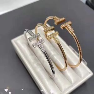 2024 Klassieke merkbrief Dubbele T Diamond Bangle armband 925 Sterling Silver Jewelry For Women Men Cadeau